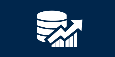 Blue box with white graph, arrow showing an increasing trend, and database symbol