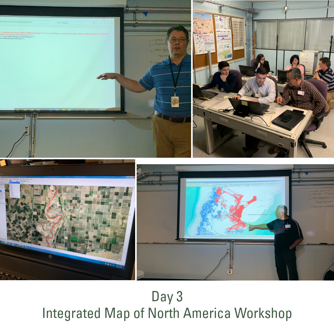 Day 3 images show participant working sessions and a view of mismatched hydrography gis data along the MX/US border.