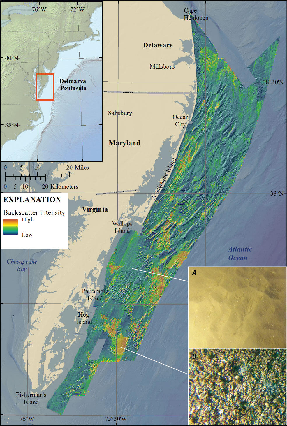 Map of the NE US coast showing several types of data collected by NOAA and the USGS, with explanatory insets