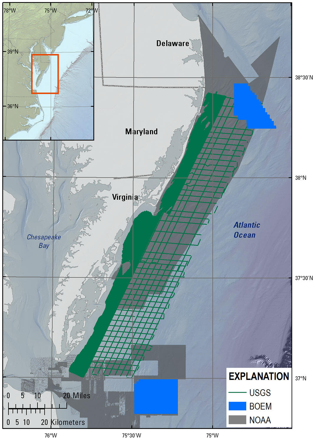 Map shows survey lines of the inner continental shelf of the Delmarva Peninsula in green, and data from partners in blue