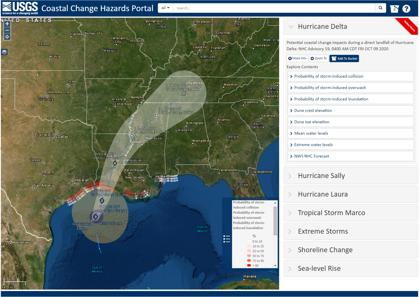 The USGS Coastal Change Hazards Portal shows a screenshot of Hurricane Delta approaching the northern U.S. Gulf Coast
