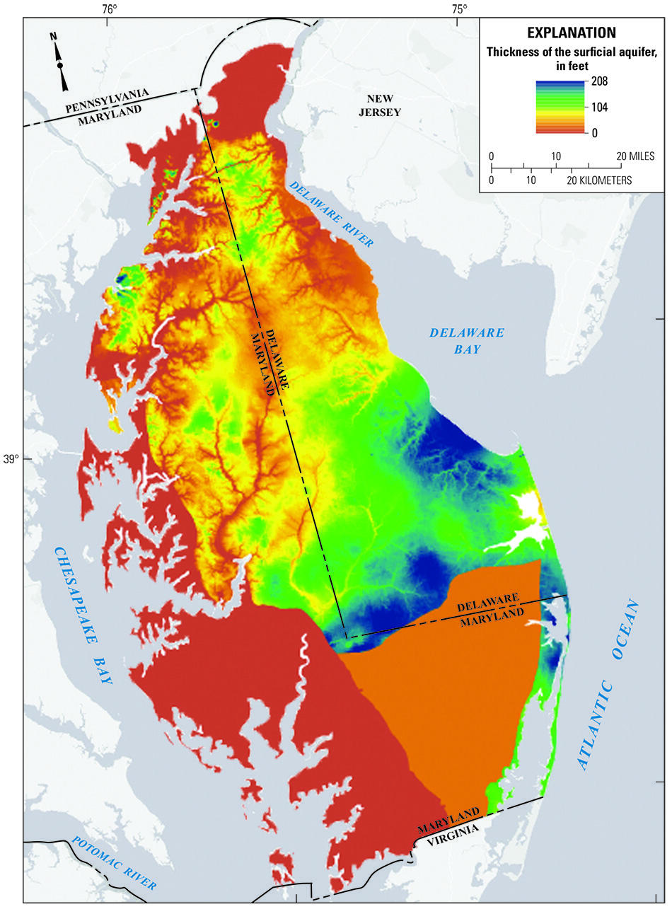 Image of the thickness of the surficial aquifer in feet-Delmarva Peninsula, MD and DE