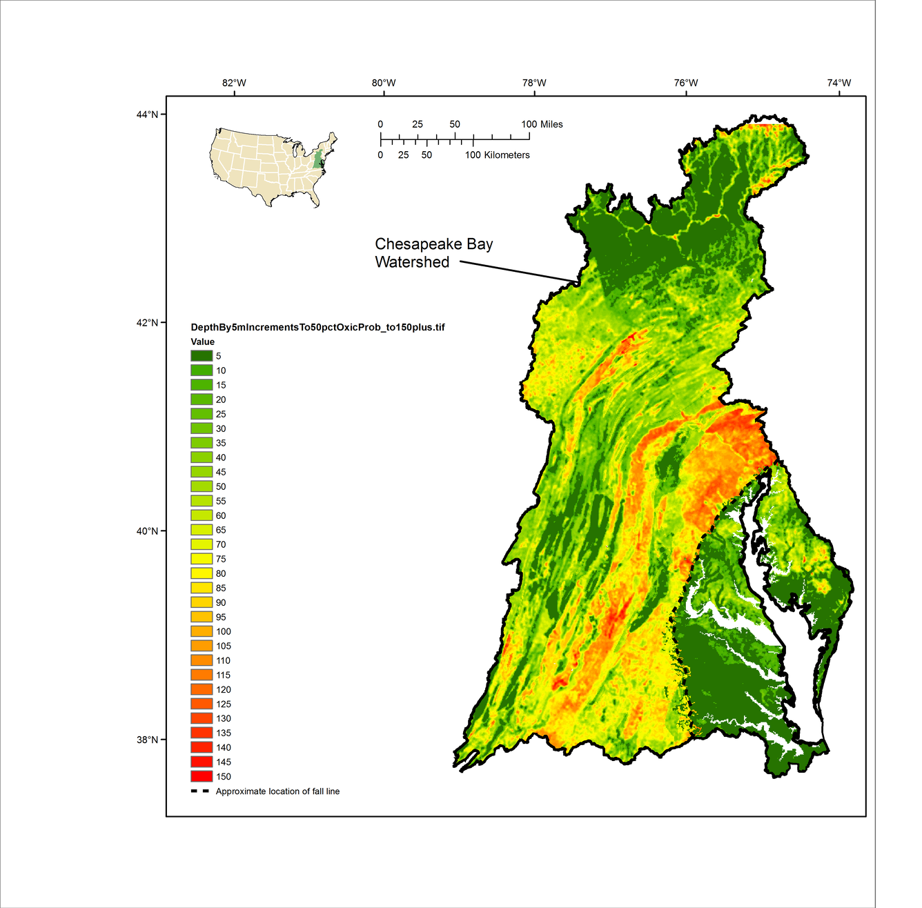 Probability (%) of oxic groundwater at a 30 m depth to the top of the open interval for groundwater in the Chesapeake Bay waters