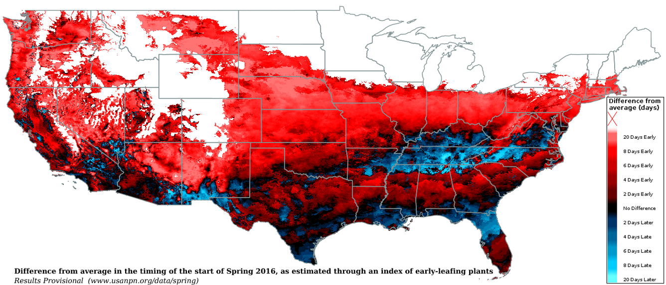 Difference from average in timing of the start of Spring 2016