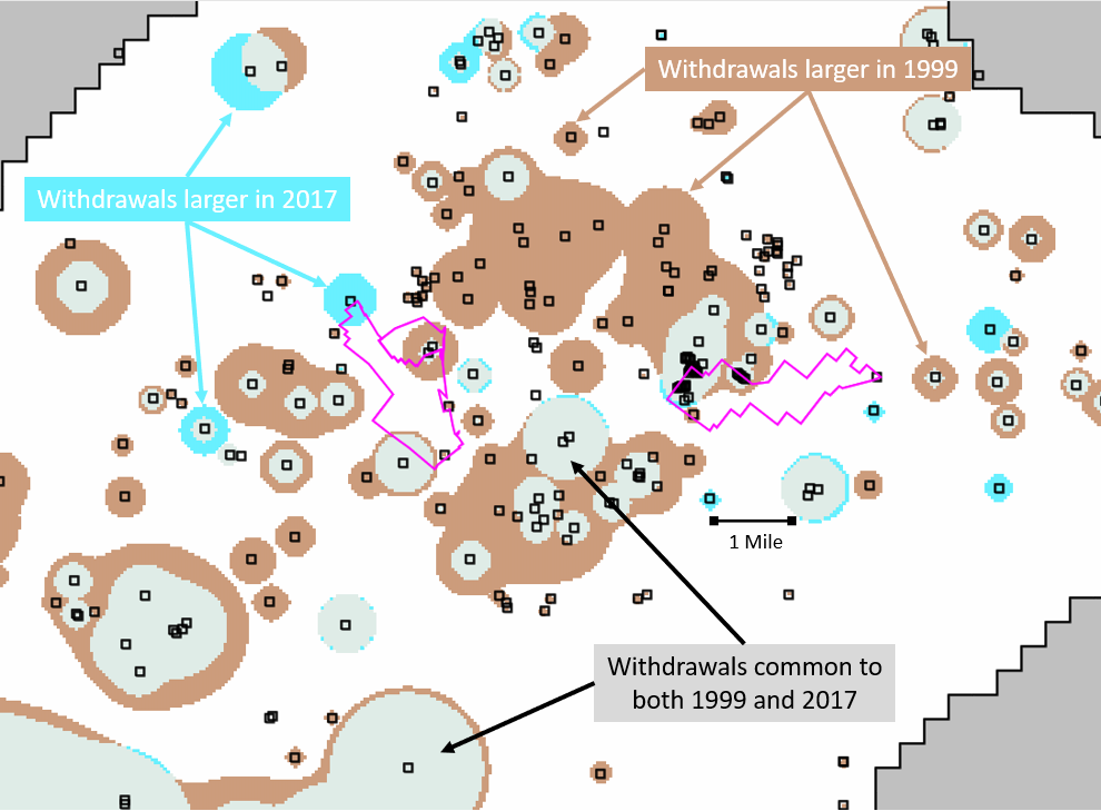 Map of difference between well withdrawals in 1999 and 2017