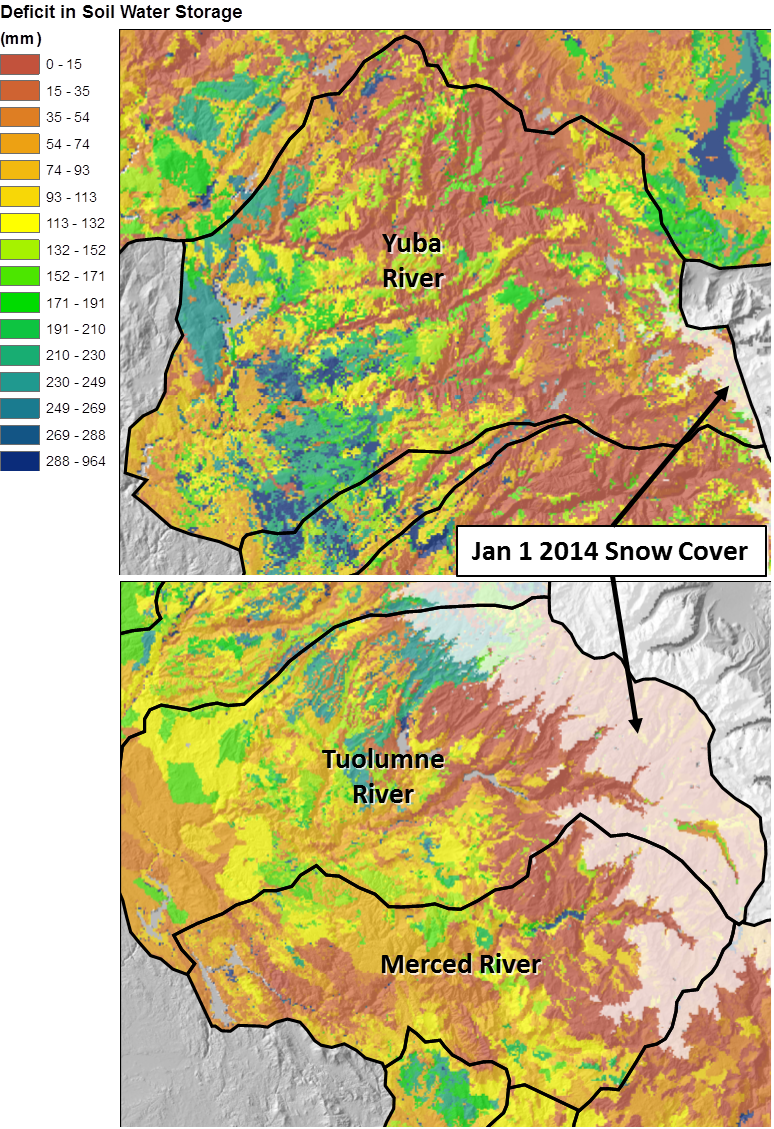 Close-ups of the Yuba River basin (top) and the Tuolumne and Merced River basins (bottom) showing calculated soil-water deficit 