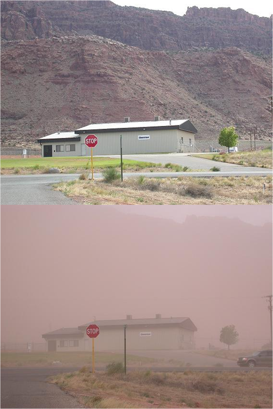 Easily seen building (top panel) and the same building obscured by a dust storm (bottom panel).
