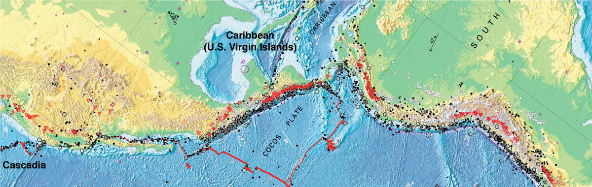map with tectonic features near US and Chile