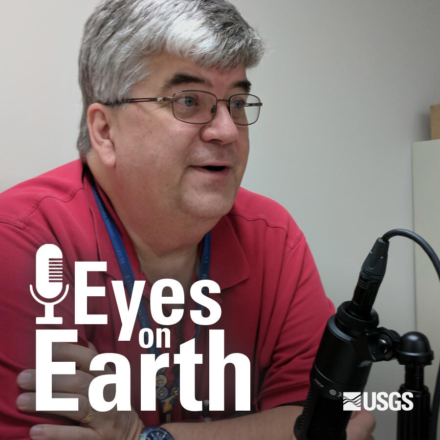 Jon Christopherson with banner for USGS EROS "Eyes on Earth" podcast