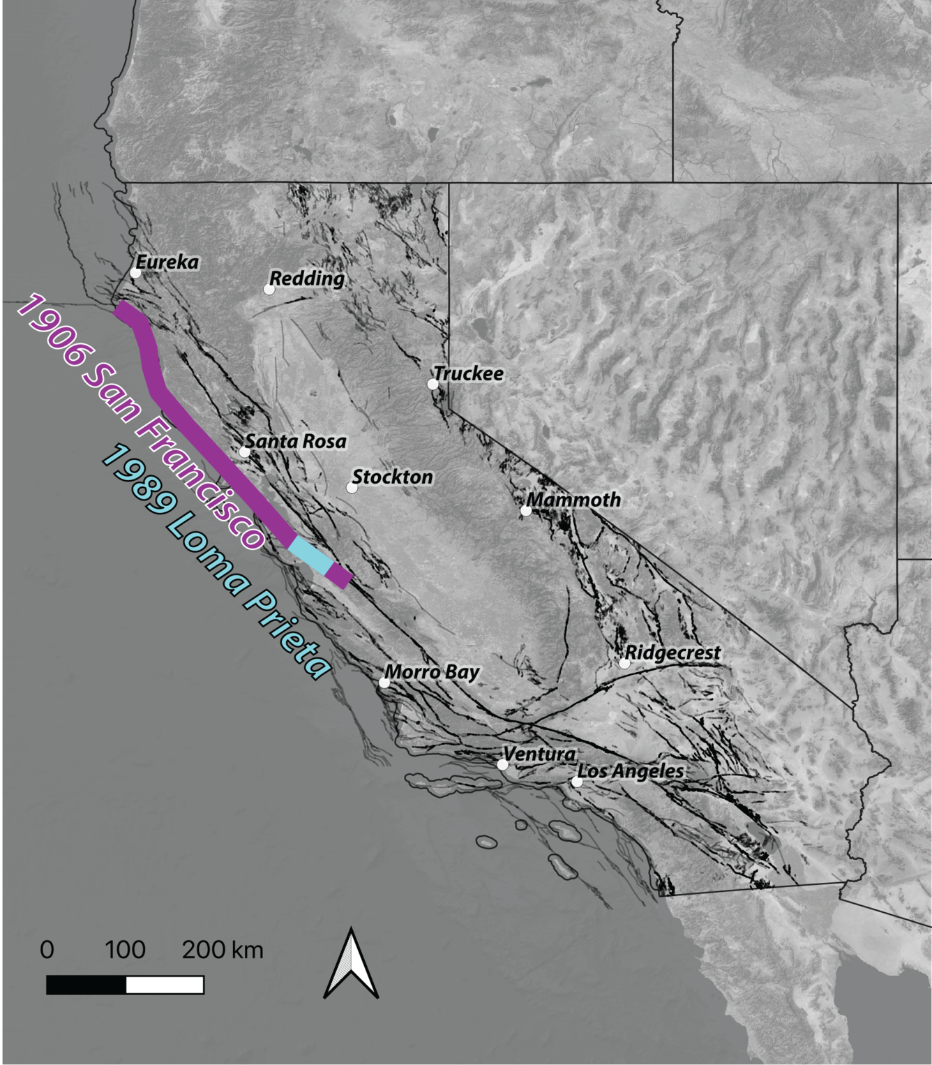 Grayscale map of California with bold lines for fault rupture lengths