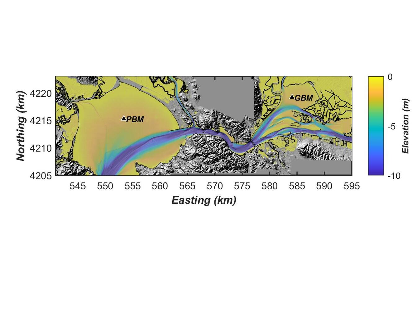 Map shows a snippet of a bay with water depth shown, with plotted locations of instruments placed in the water to collect data.