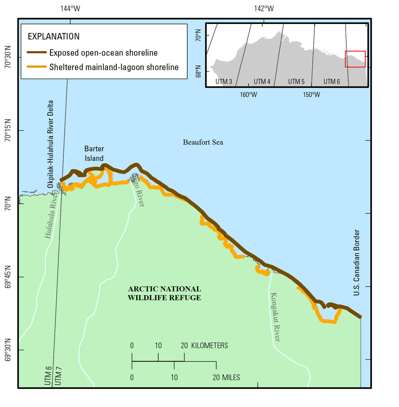 Map of east Beaufort Sea area, Alaska, with lines to indicate exposed open-ocean versus sheltered mainland-lagoon shoreline area