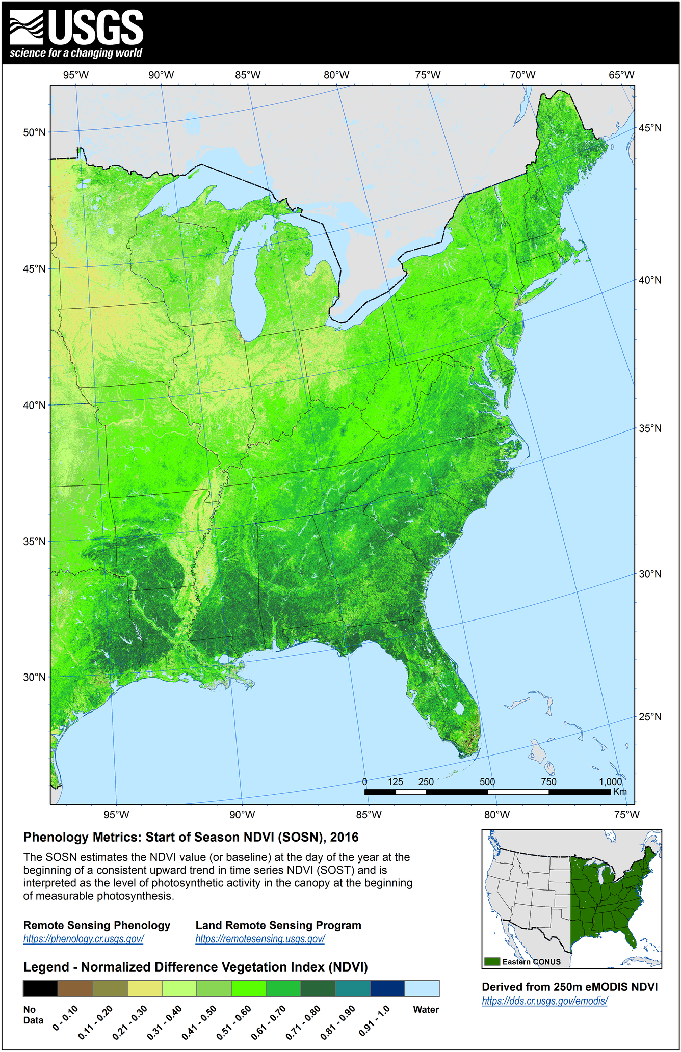 color image of the Start of Season NDVI (SOSN) for 2016