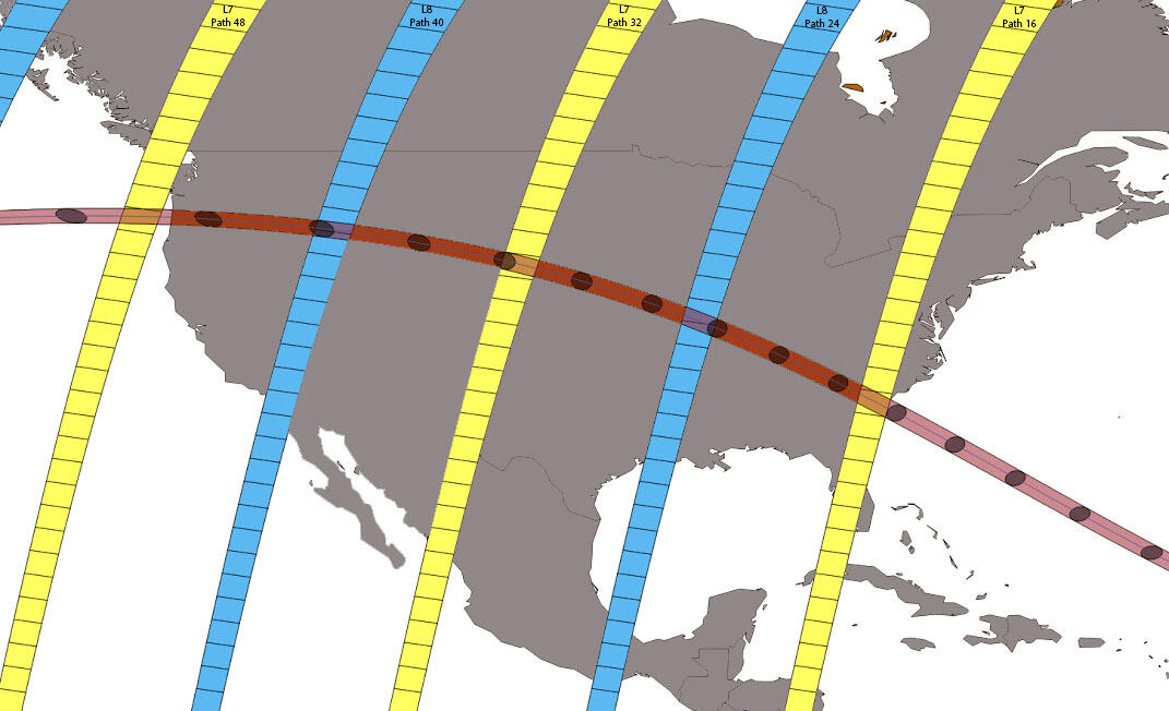 August 21, 2017 acquisition swaths of Landsat 7 (yellow) and Landsat 8 (blue), along with the solar eclipse path shown in red