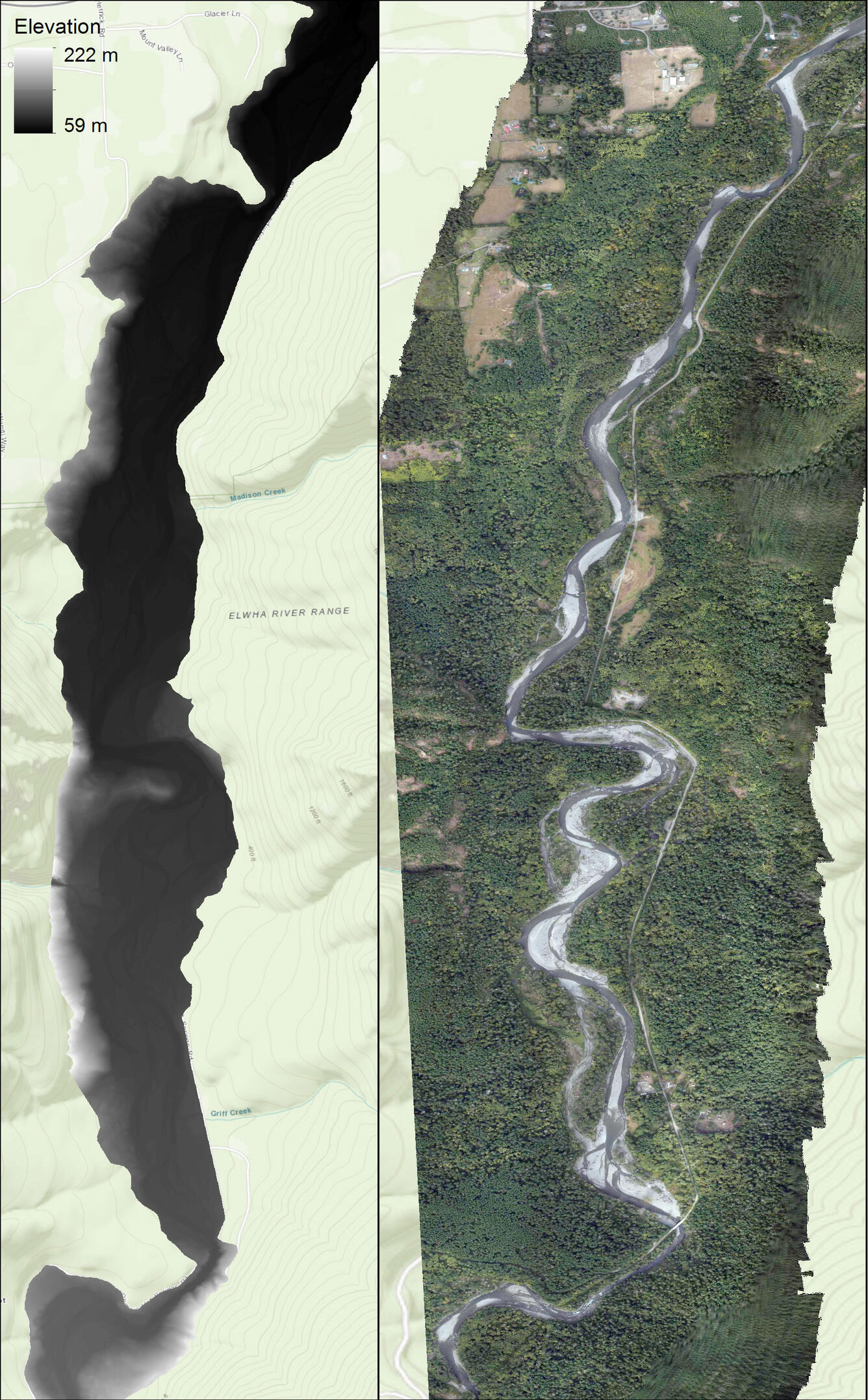 Left image shows the elevation of a stretch of river, right image shows an aerial photograph of the same stretch of river.