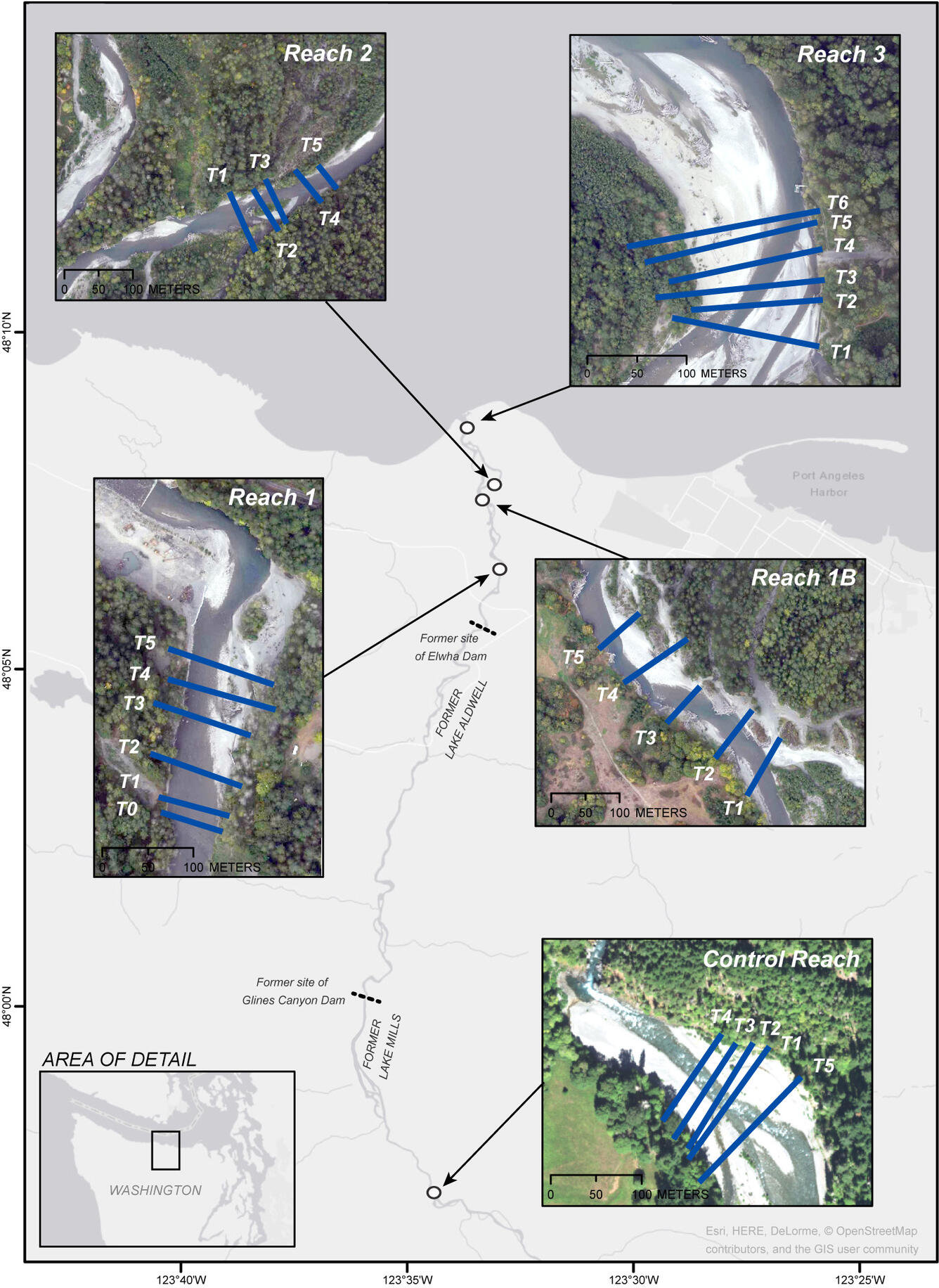 Collage of maps showing river sections where data was collected.