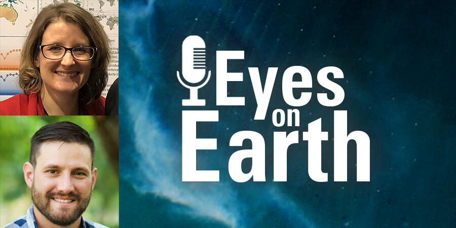 color photo of Stefanie Kagone and Aaron Friesz with the graphic for the EROS podcast "Eyes on Earth"