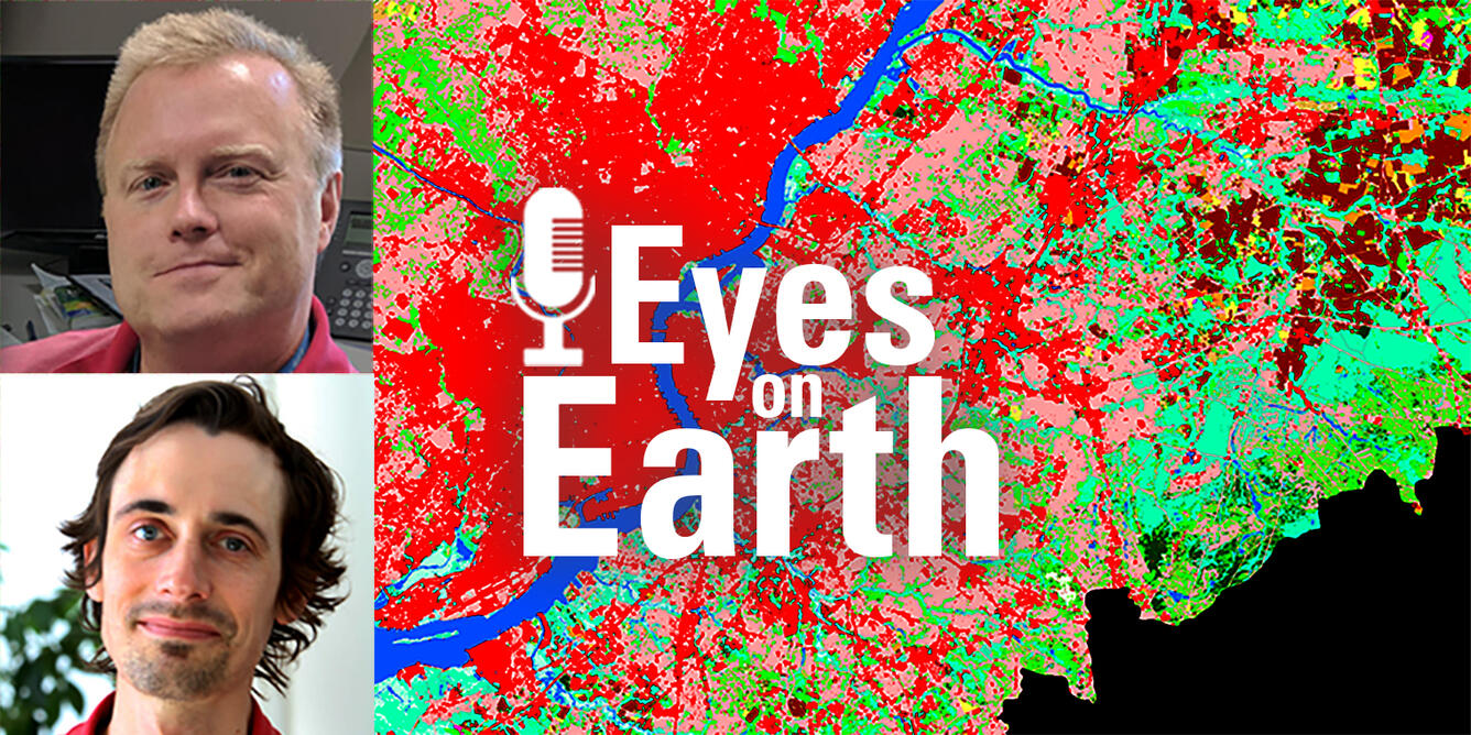 Terry Sohl and Jordan Dornbierer with the logo for the USGS EROS podcast "Eyes on Earth"