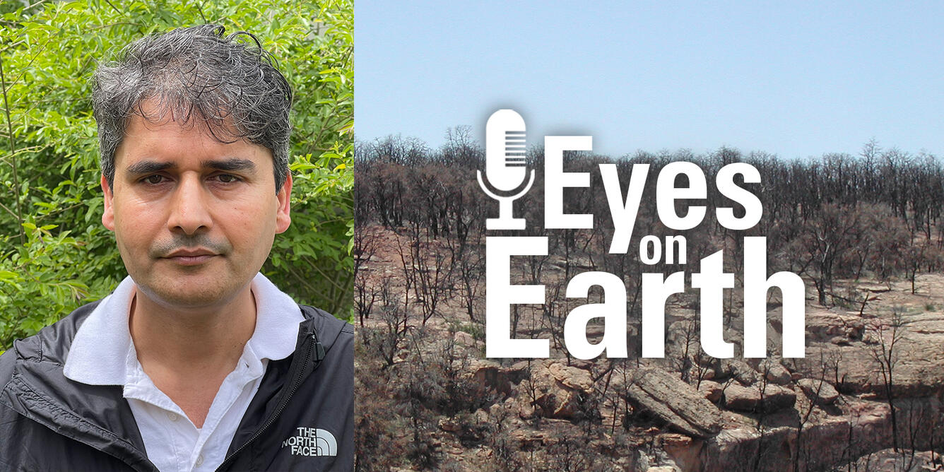 Krishna Bhattarai with the logo for the USGS EROS podcast Eyes on Earth