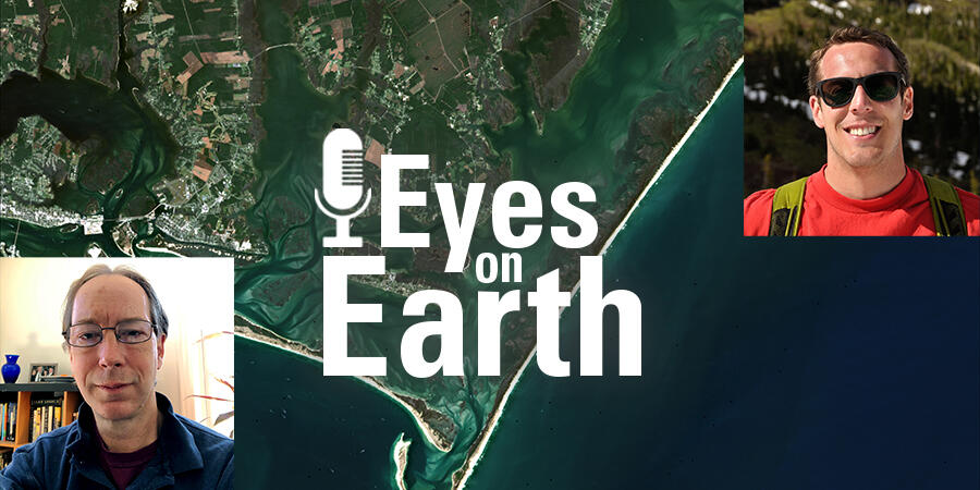 Color image of Jeff Masek and Brian Freitag with logo for USGS EROS podcast Eyes on Earth