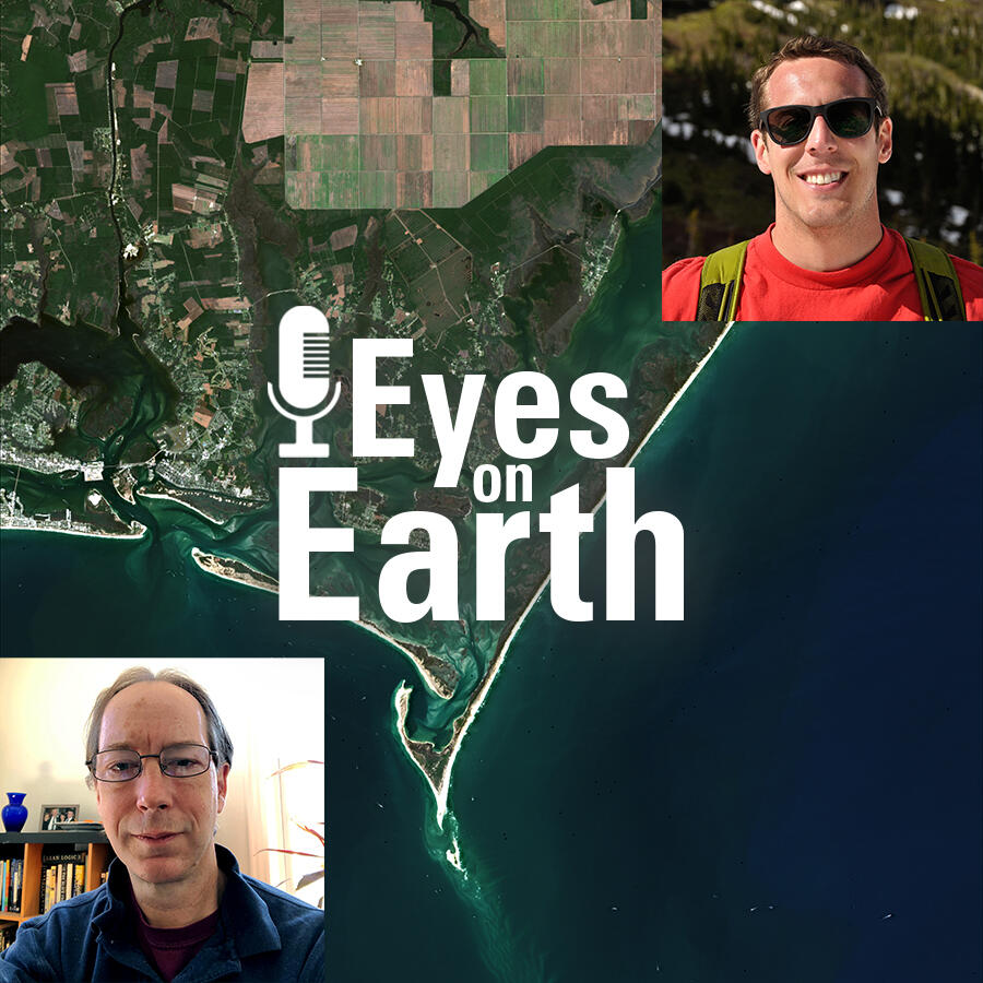 Color image of Jeff Masek and Brian Freitag with logo for USGS EROS podcast Eyes on Earth