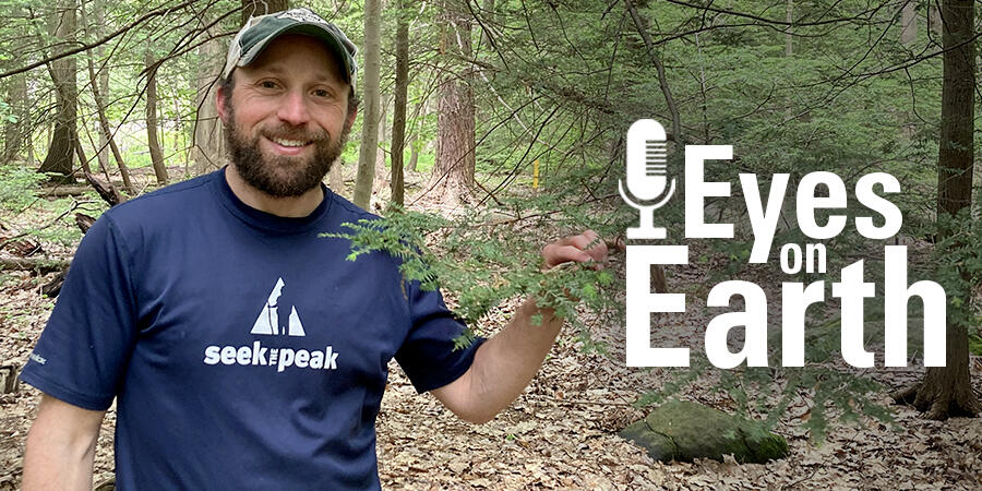 color photo of Dr. Andrew Reinmann with the graphic for the USGS EROS podcast "Eyes on Earth"