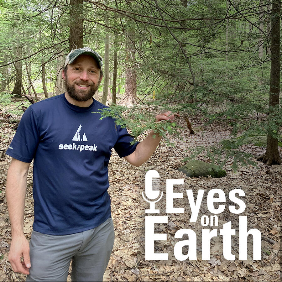 color photo of Dr. Andrew Reinmann with the graphic for the USGS EROS podcast "Eyes on Earth"