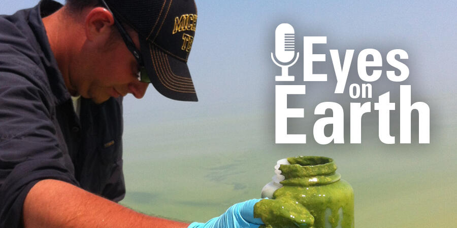 Color photo of Mike Sayers with the graphic for the USGS EROS podcast "Eyes on Earth"