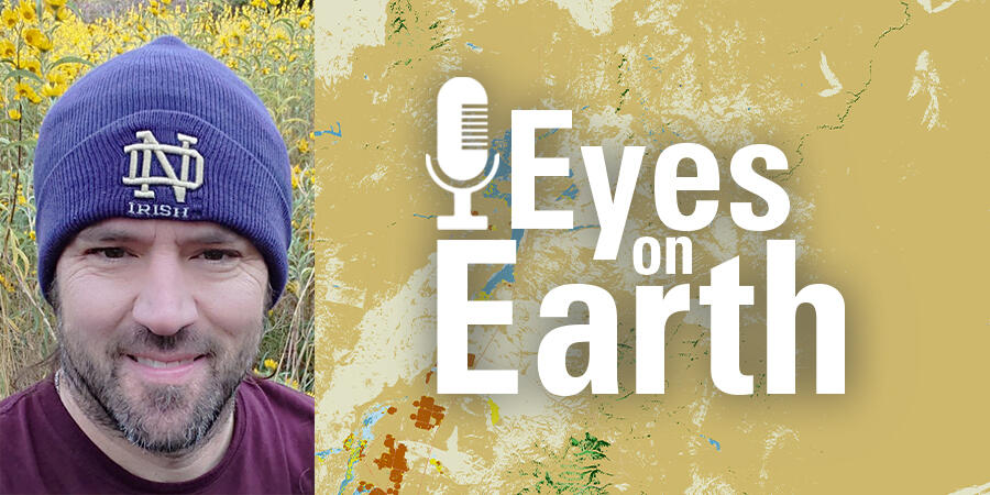 color image of Jon Dewitz with the graphic for the USGS EROS podcast Eyes On Earth