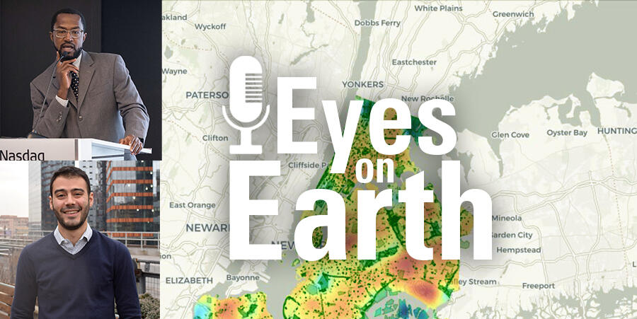 Color photo of Christian Braneon and James Cottone with the logo for the USGS EROS podcast Eyes On Earth