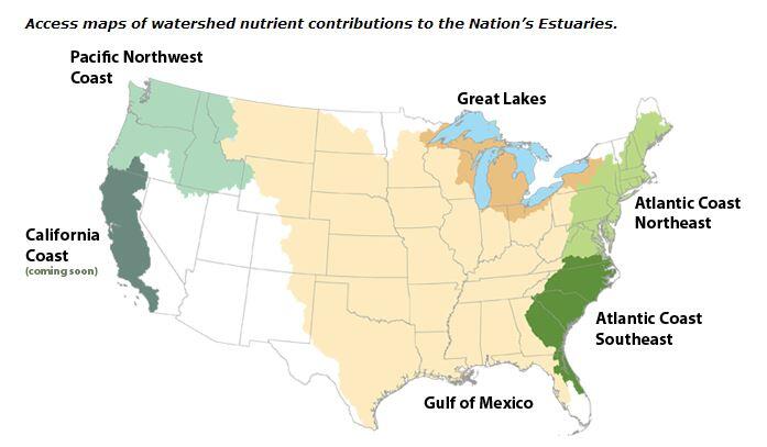 Map showing regions of the country that are included in the tool for Tracking the Source and Quantity of Nutrients to the Nation