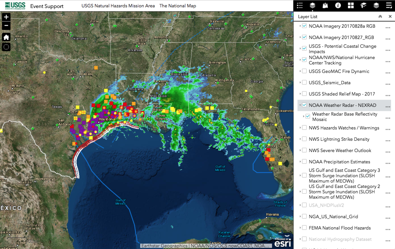 A screenshot of the USGS Event Support multi-layered map