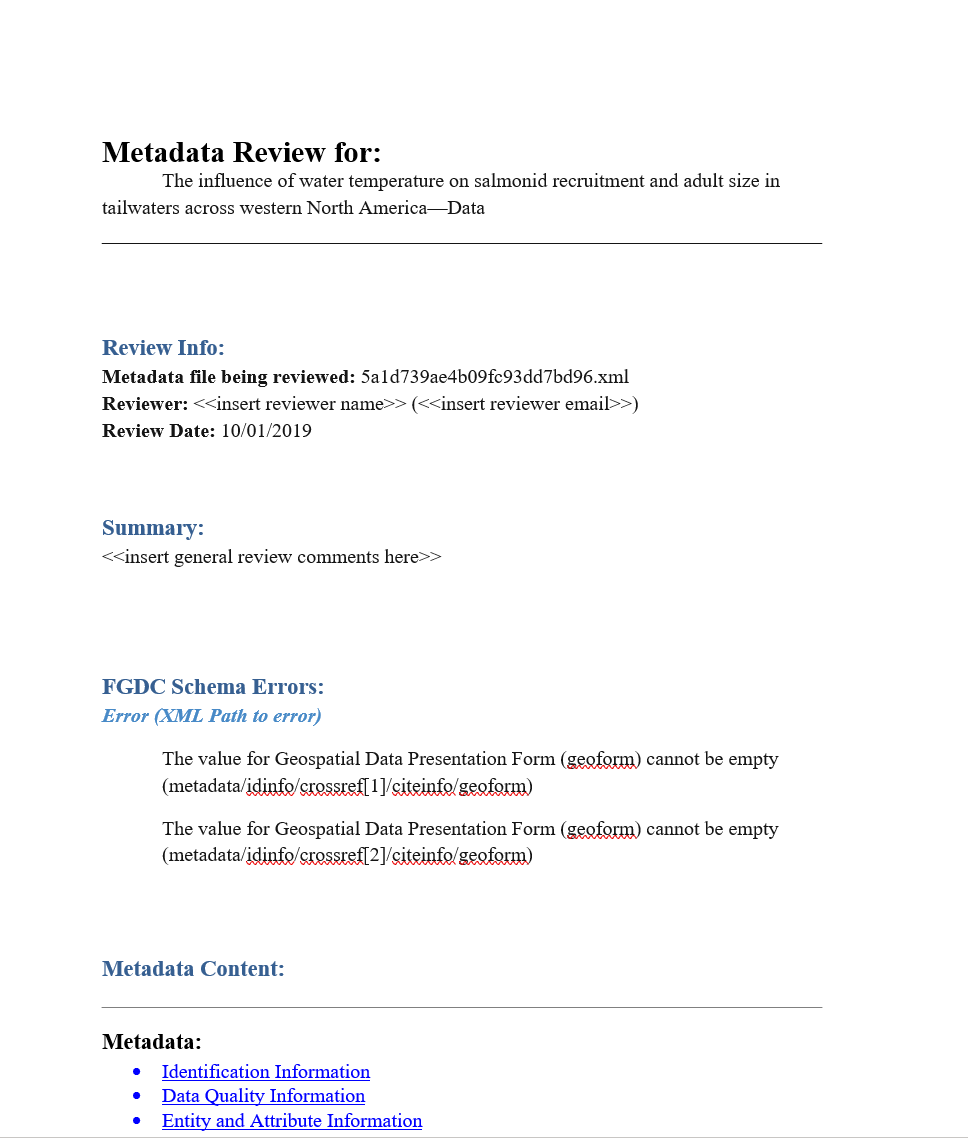 screenshot of metadata review document generated from the Metadata Wizard
