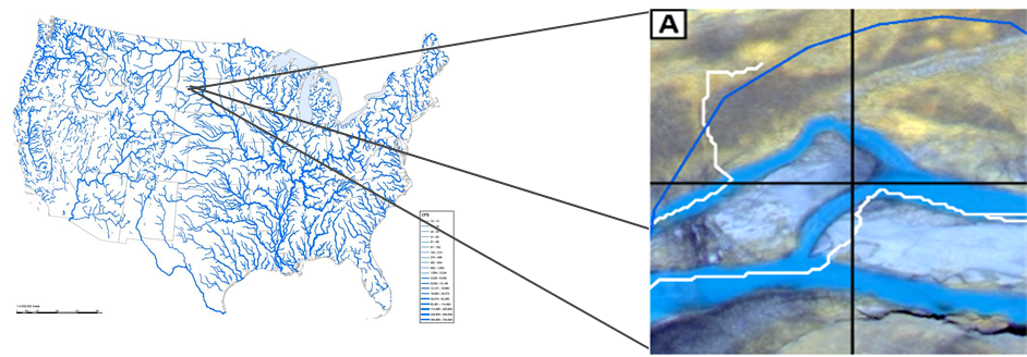 Figure 1. Image of NHD (left). Inset A (right) imagery showing water presence, NHD flowlines (blue) and synthetic stream lines (