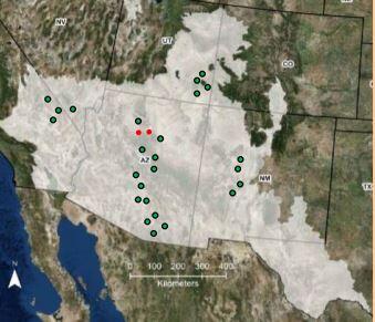 Map of AZ, and parts of CA, NV, UT, CO, and NM showing proposed (black dots) and existing (red dots) field trial sites.