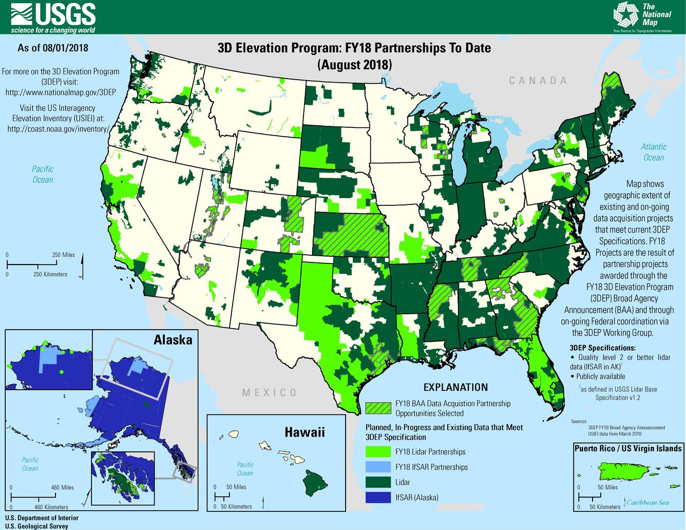Map shows extent of projects selected for award from the 3DEP FY18 Broad Agency Announcement (BAA) as of August 2018
