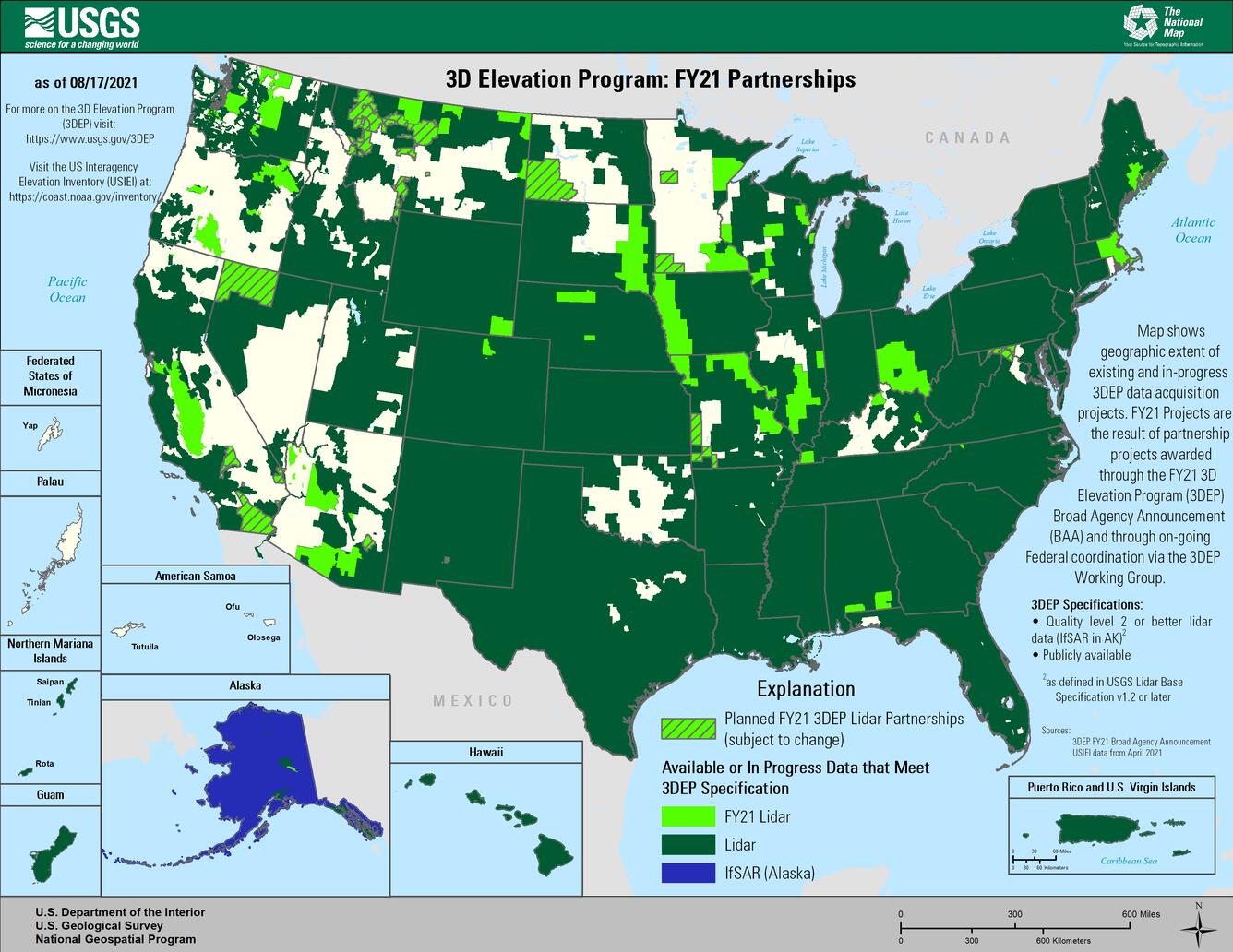 Map shows geographic extend of existing and in-progress 3DEP data acquisitions projects in fiscal year 2021.