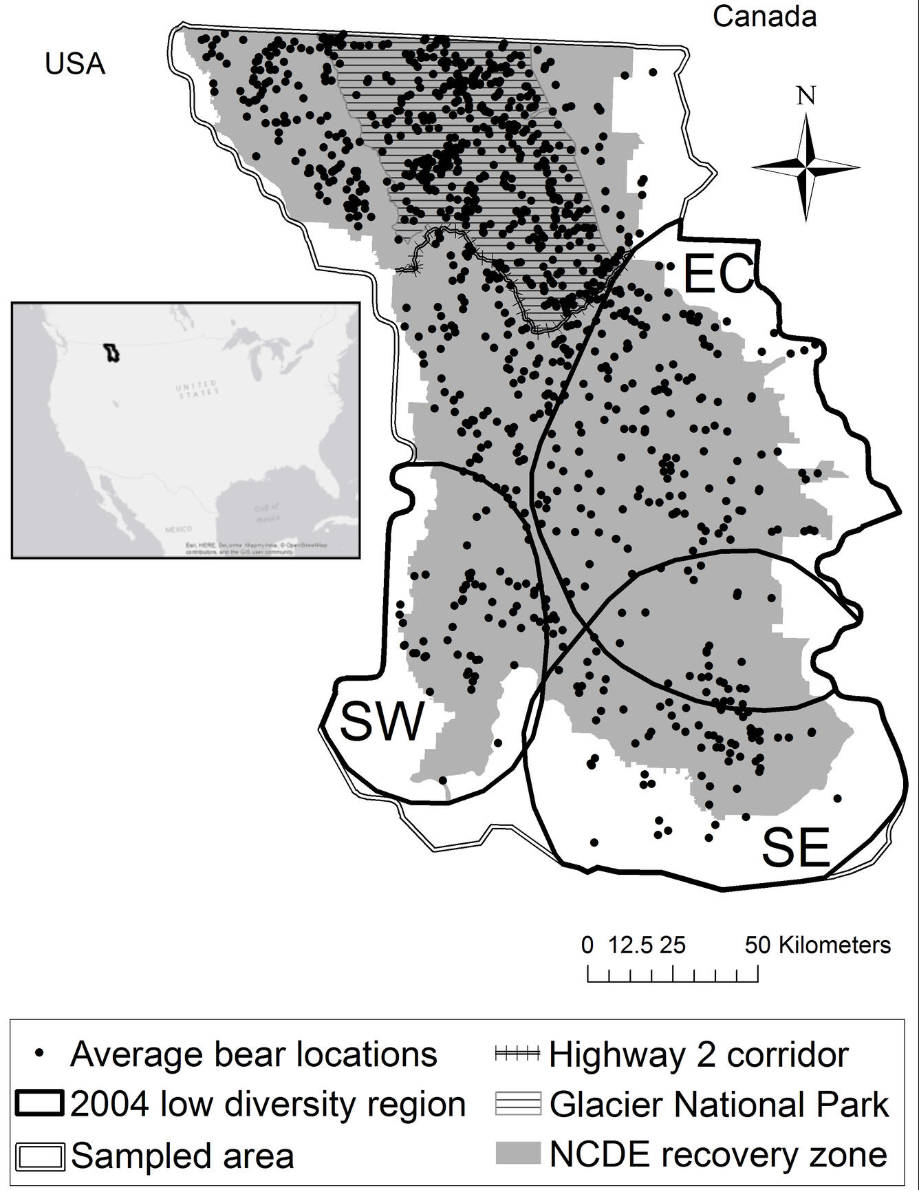 Average locations of 1115 individual grizzly bears in the Northern Continental Divide Ecosystem (NCDE), USA.