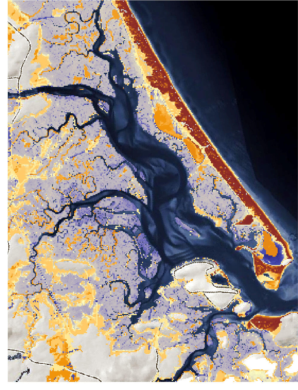 Predictions of coastal response outcomes as raster grids overlying an aerial image.