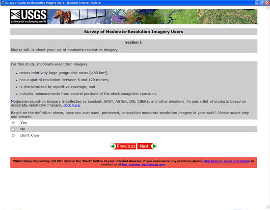 Figure 2. Question from the survey of Landsat users as it appeared to respondents in Key Survey™.