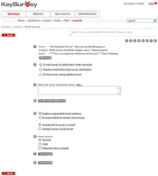 Some of the email management capabilities available in Key Survey™ software.