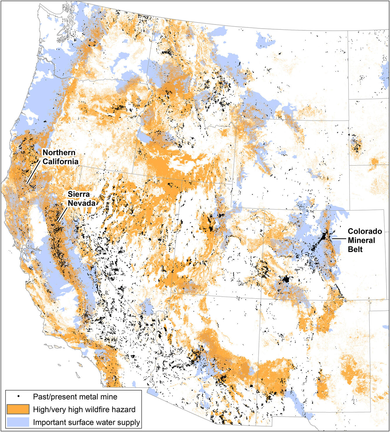 map of western U.S. showing mines, wildfire potential, and surface water