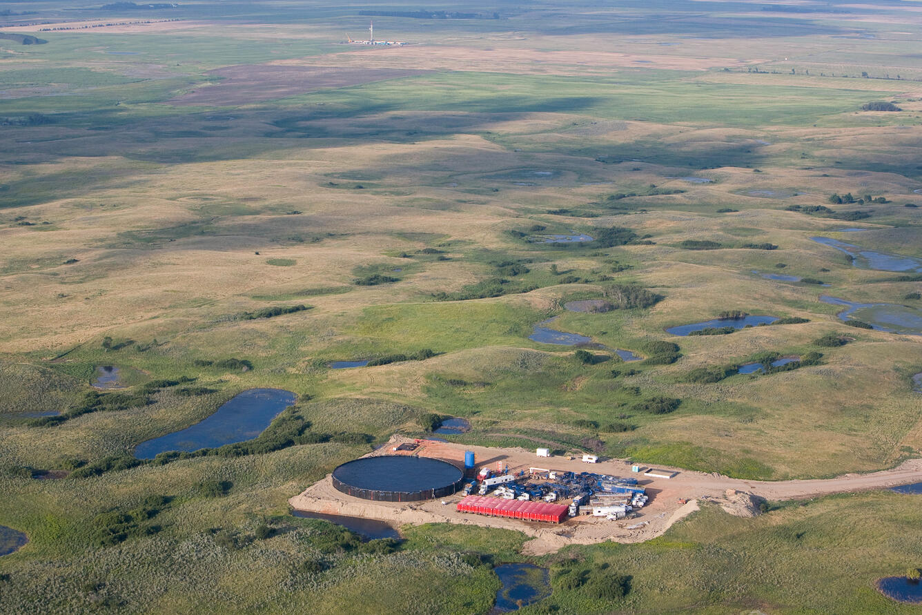 Picture of oil and gas development and associated activities along with wetlands in the Prairie Pothole Region..