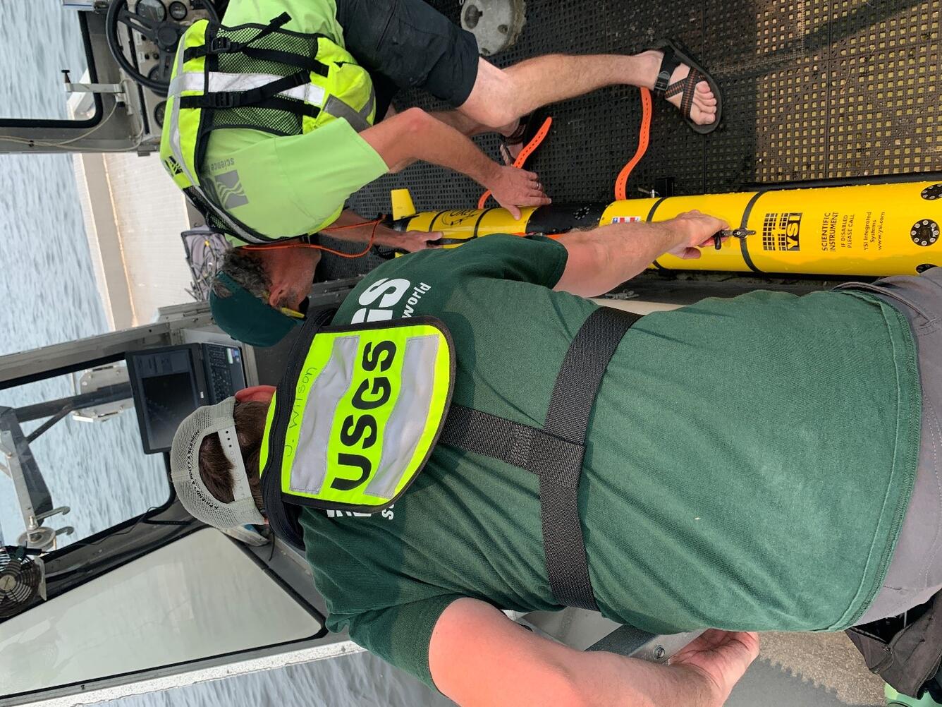 green, men, yellow, hats, boat