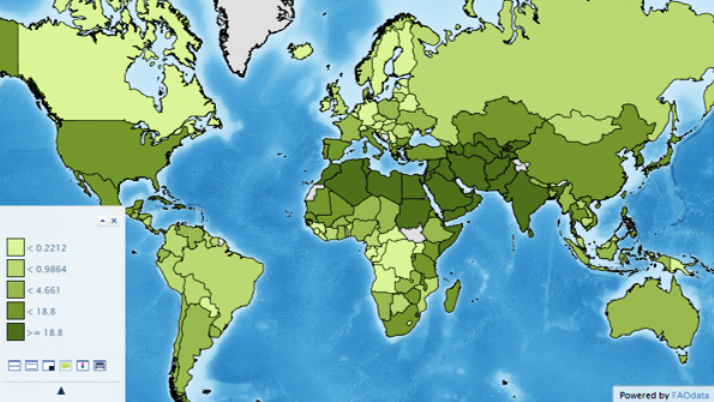 Agricultural water use by country as the percent of total renewable water resources available. Courtesy of Aquastat, Food and Ag