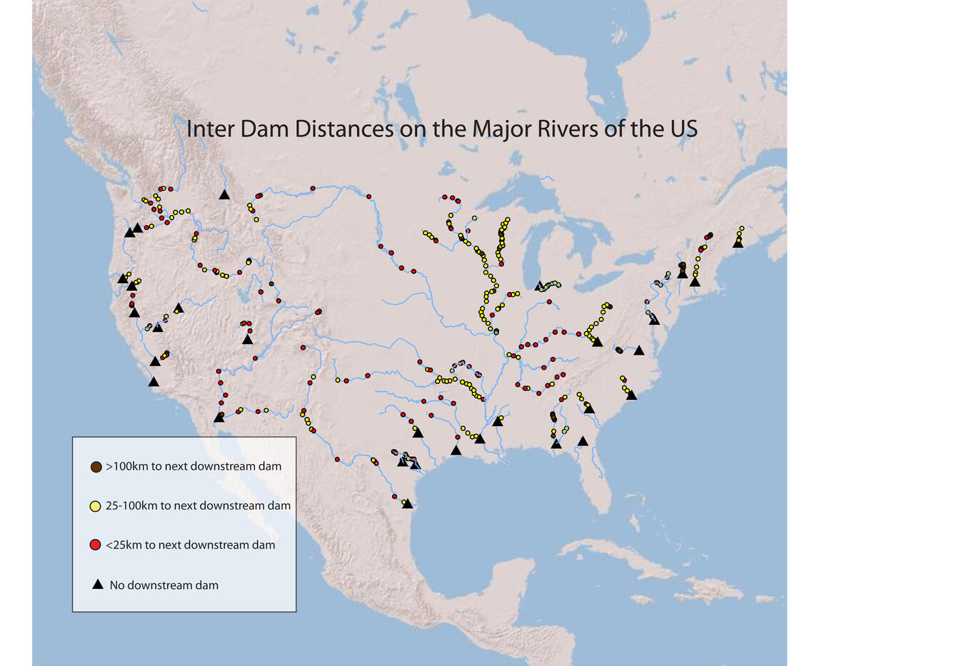 Inter Dam Distances on the Major Rivers of the US