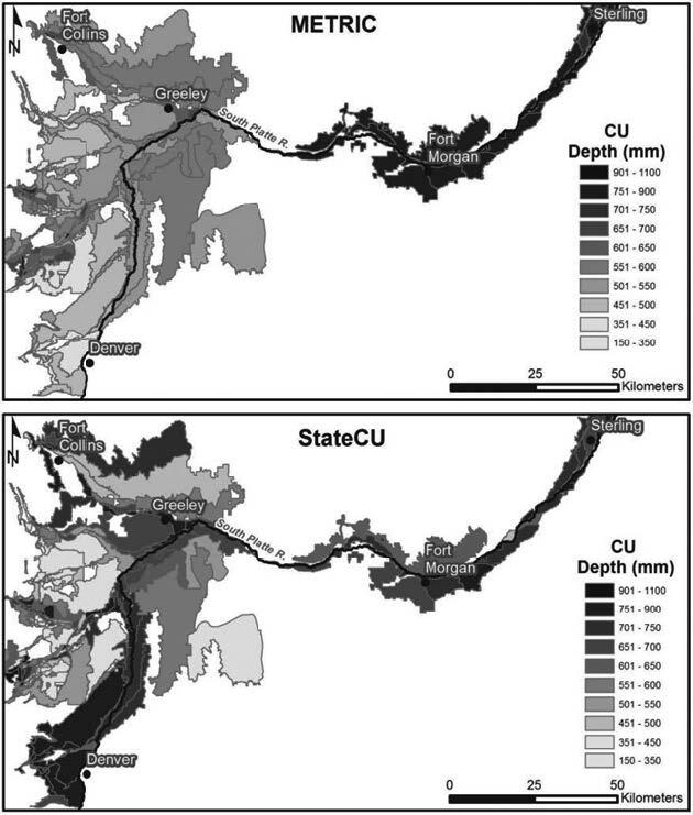 Comparison of evapotranspiration estimates in eastern Colorado from METRIC (top) and the Colorado StateCU model (bottom)