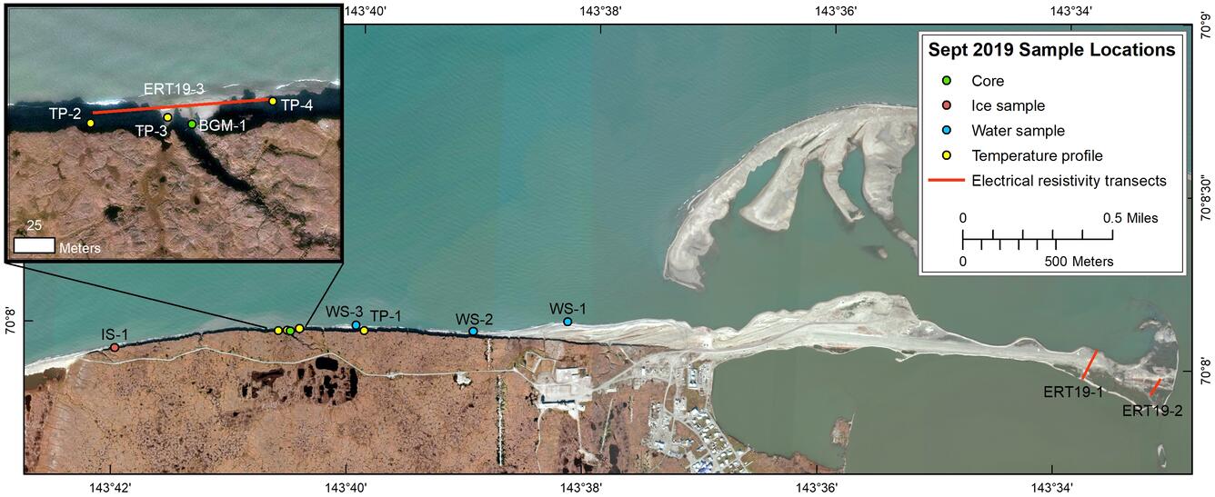 View from the sky of a coastline with a sandy spit and brown vegetation, lines and dots drawn on top show sample locations.