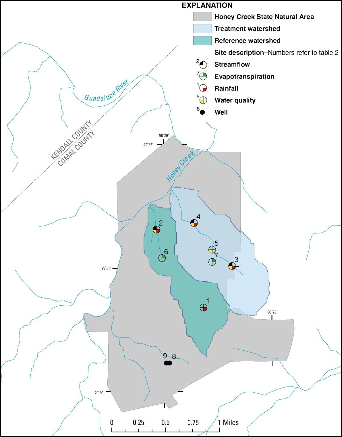 Location of data-collection sites in the Honey Creek State Natural Area