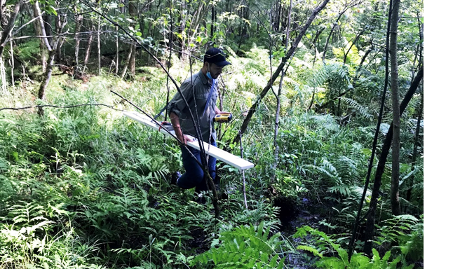 man carrying equipment in the woods